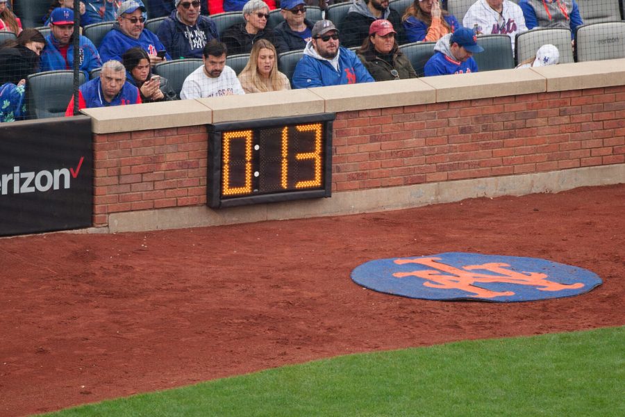 The pitch clock during a Mets game at Citi Field on April 8, 2023