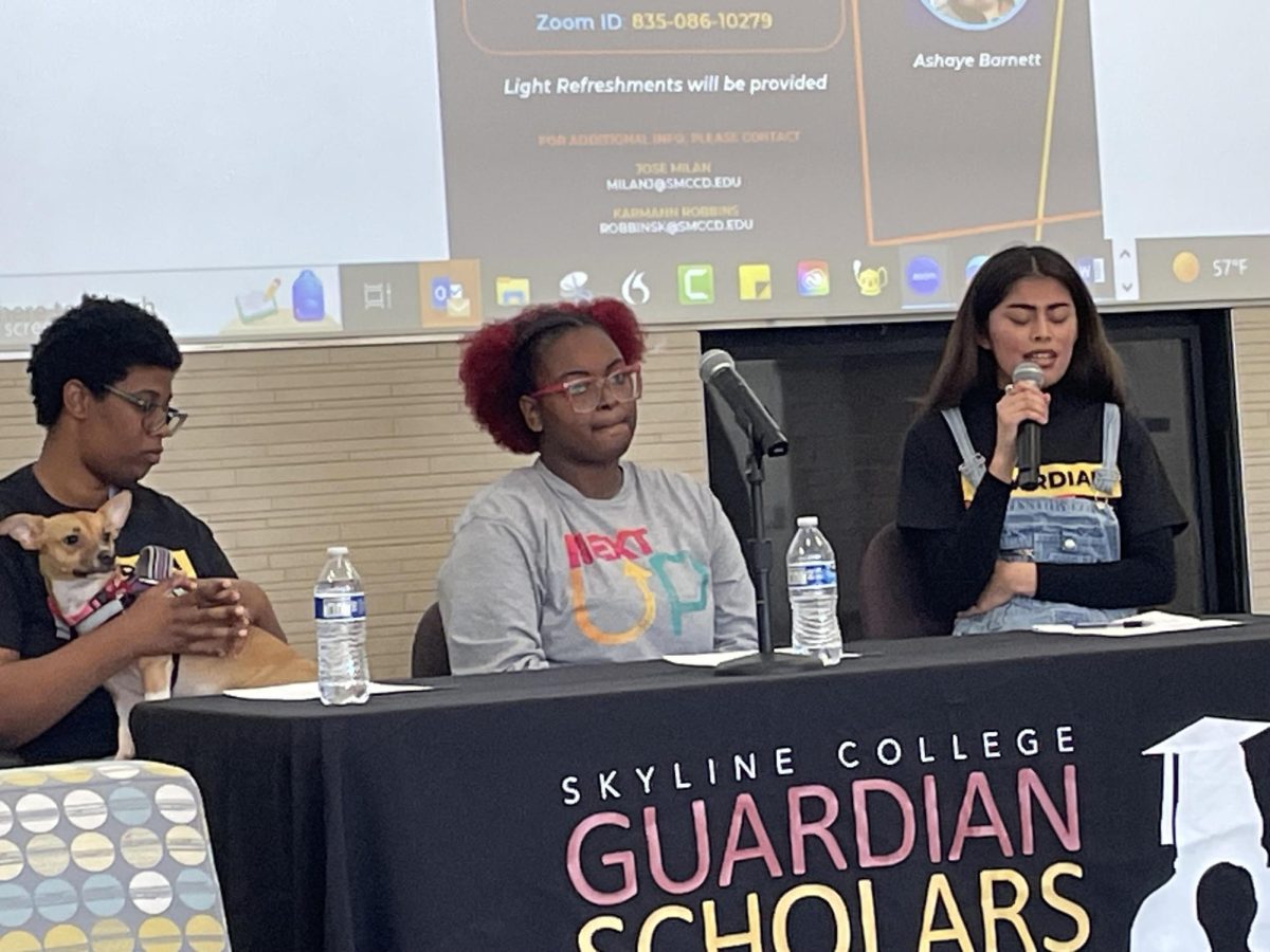 From left to right, Ashaye Barnett and their dog, Dunhoja Robbins, and Cesilia Martinez at the Our Foster Youth Voices event on March 13, 2024. 