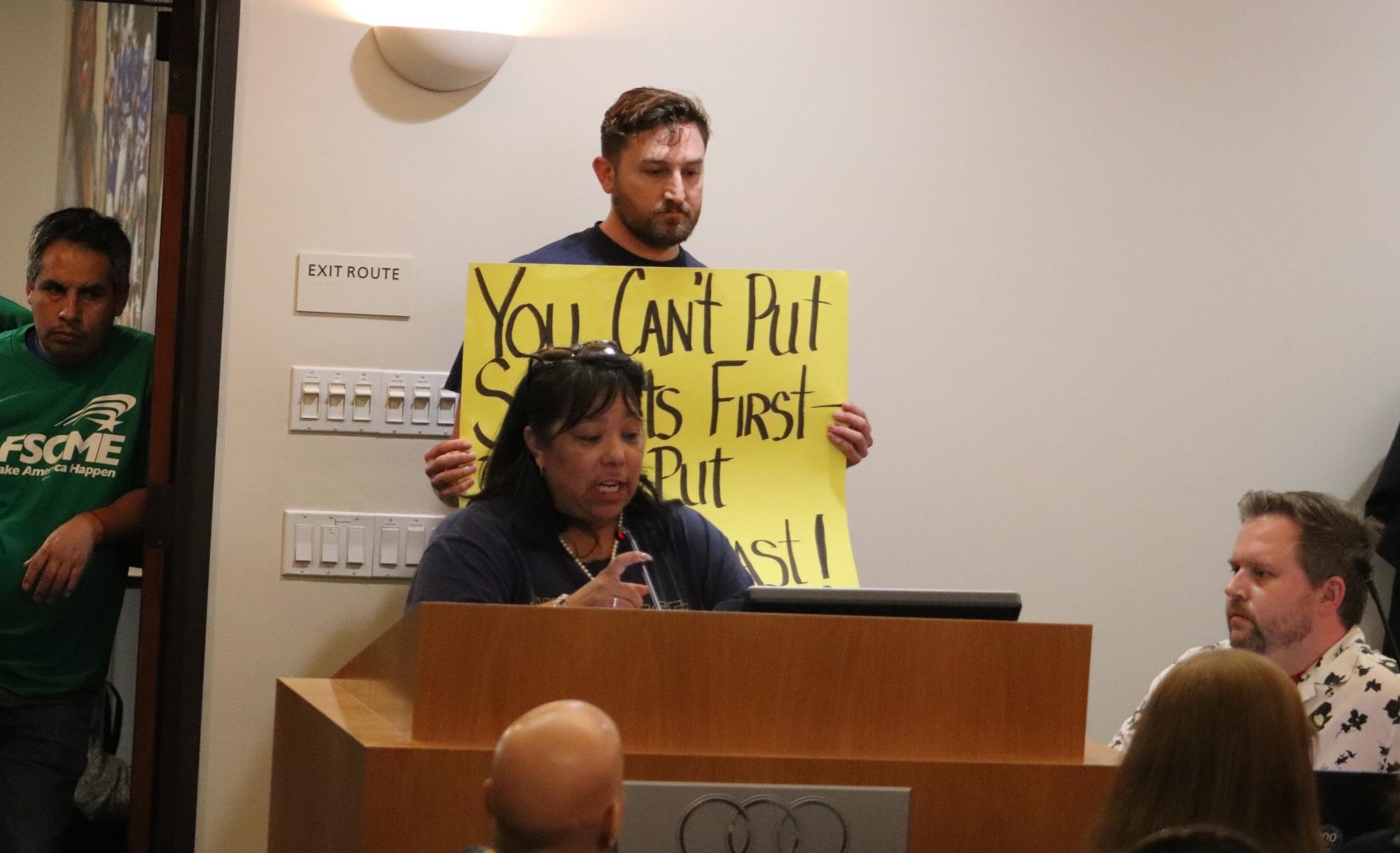 AFT1493 protests at second district board meeting this semester