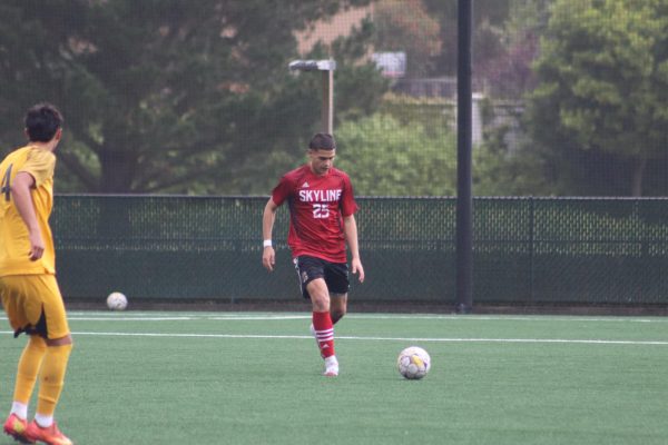Skyline sophomore defender Eric Barajas pictured dribbling the ball against Chabot College. Skyline men's soccer will face off with the Cañada College Colts in the third round of regional playoffs on Tuesday, Nov. 25, 2025.