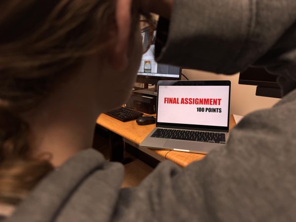 A student looks on in distress at the amount of points a finals assignment is worth.
