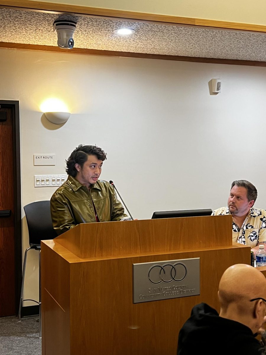 CSM Active Minds Advisor Gil Perez calls for the district to pay personal counselors for advising student mental health clubs at the Jan. 28 district board meeting.