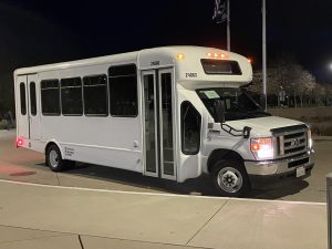 The Hayward-Pacifica CSM shuttle sits empty at the front of College of San Mateo.