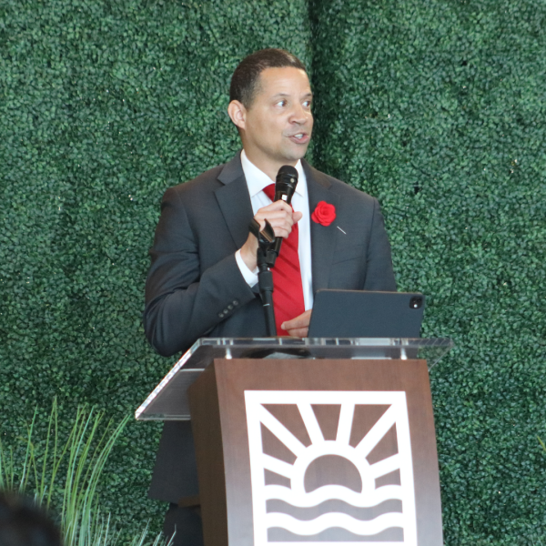 Nathan Carter, Skyline College’s president gives speech at his first President’s Breakfast since being elected.