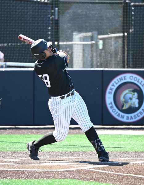 Trojan sophomore first baseman Nick Tobin swings through a pitch at home against the Cañada College Colts on Friday, March 20.