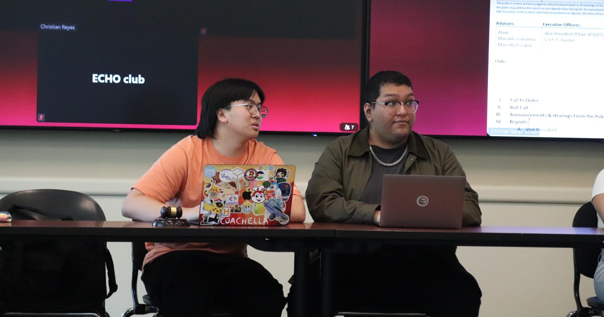  Jarred Ramos, ASSC vice president and Christian Reyes-Aguilar, SOCC liaison lead SOCC meeting on Wednesday, March 18, in Building 6.