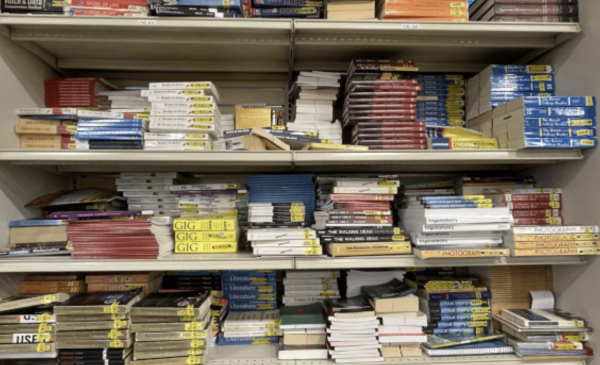 A pile of textbooks sits on display inside the Skyline College bookstore.